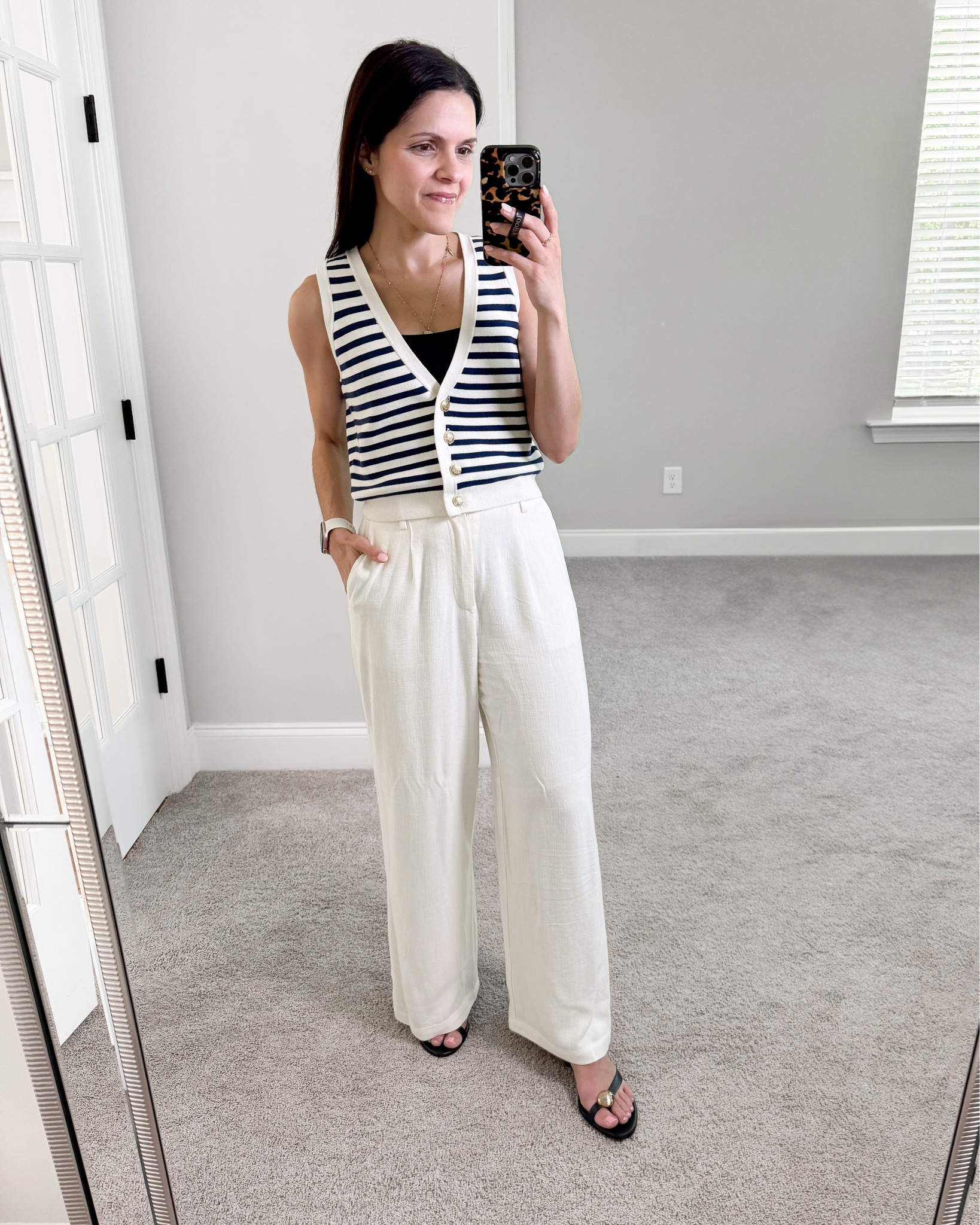 What I wore vs inspo: 
Didn’t want to wear shorts, so opted for a lightweight bottom

Striped sweater tank: linked similar
Linen pants: ZSupply, tts 
Sandals: Madewell, tts 

#LTKStyleTip