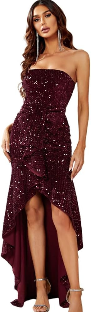 Women's Asymmetrical Hem Sequin Tube Prom Dress Sexy Hight Split Evening Gown | Amazon (US)