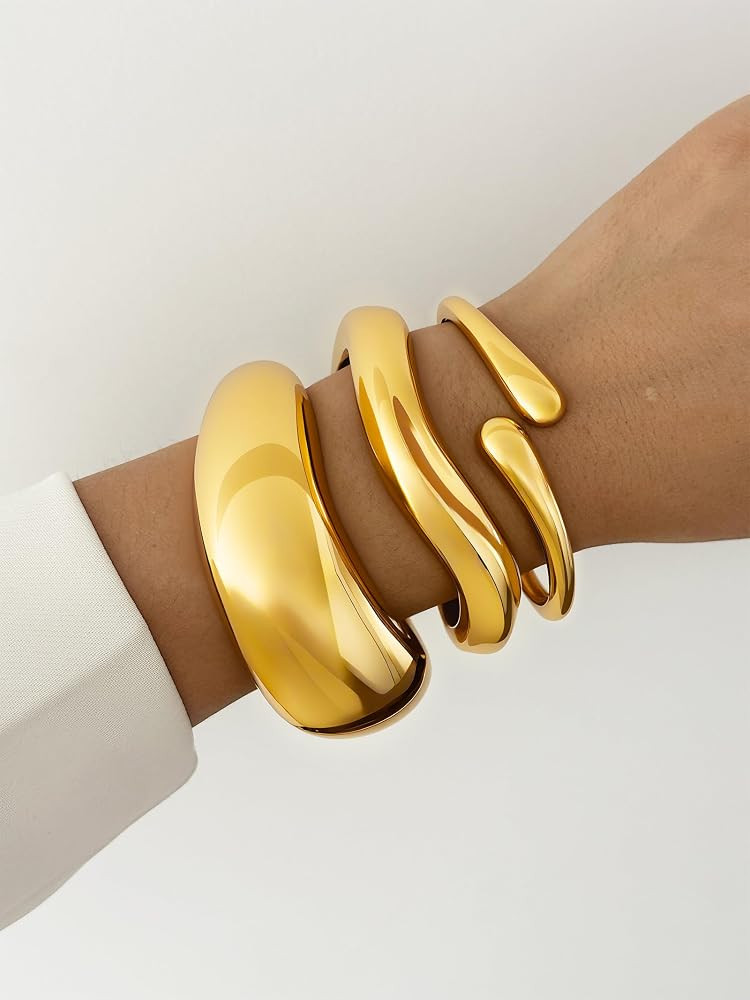 3Pcs Chunky Gold Bangles Bracelets for Women, Spring Hinged Big Stackable Bangles Set, Trendy Cuf... | Amazon (US)