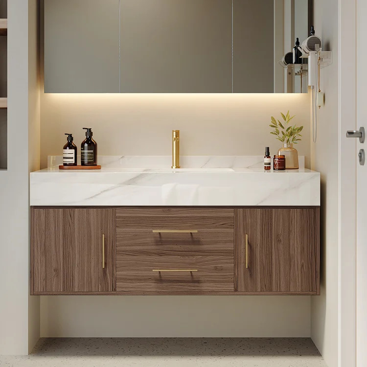 Modern 39" Walnut Floating Bathroom Vanity Set Stone Top Wall Mounted Bathroom Cabinet | Homary
