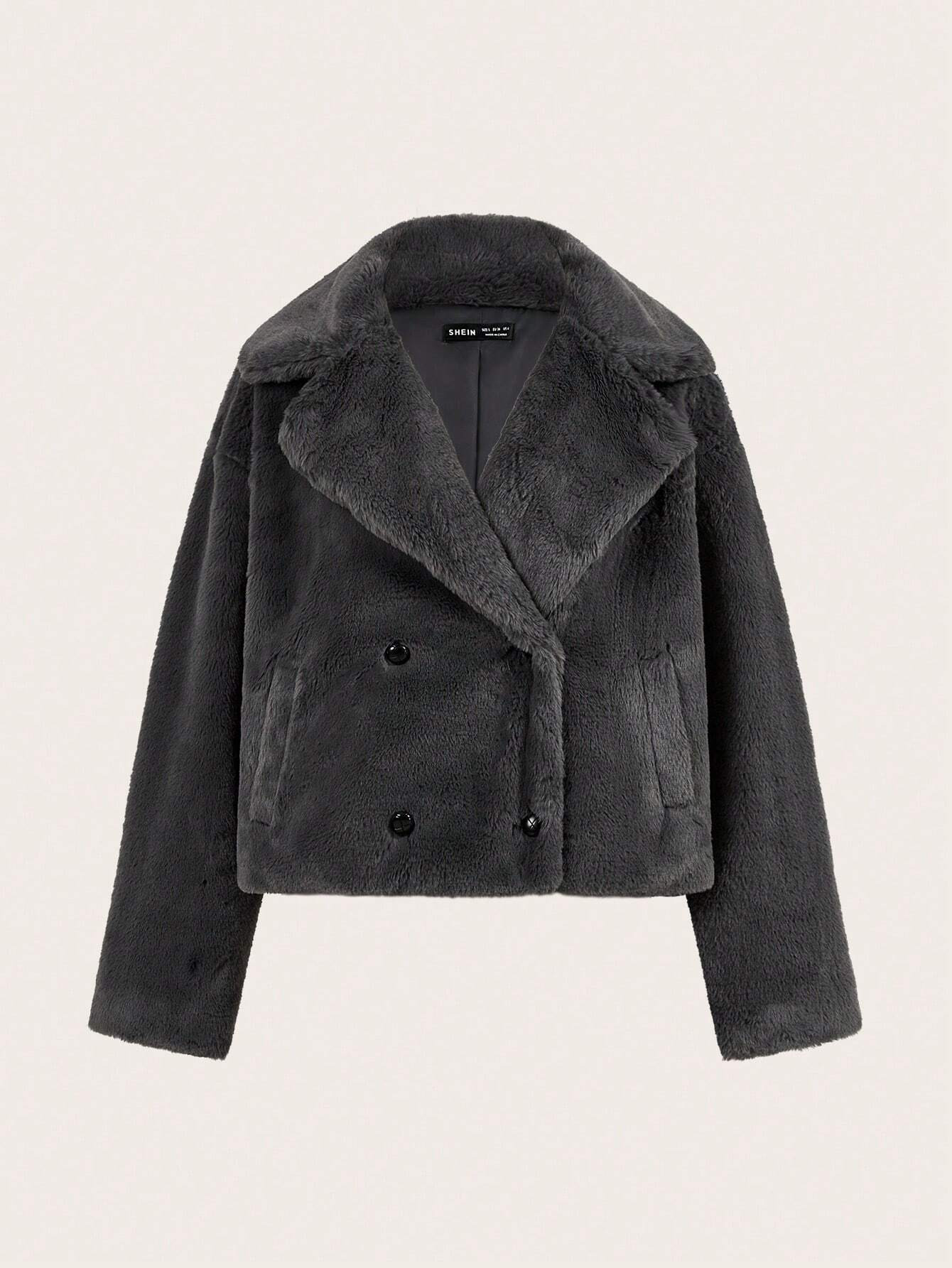 SHEIN BIZwear Women's Faux Fur Collar Long Sleeve Double-Breasted Loose Winter Coat Fur Coat | SHEIN