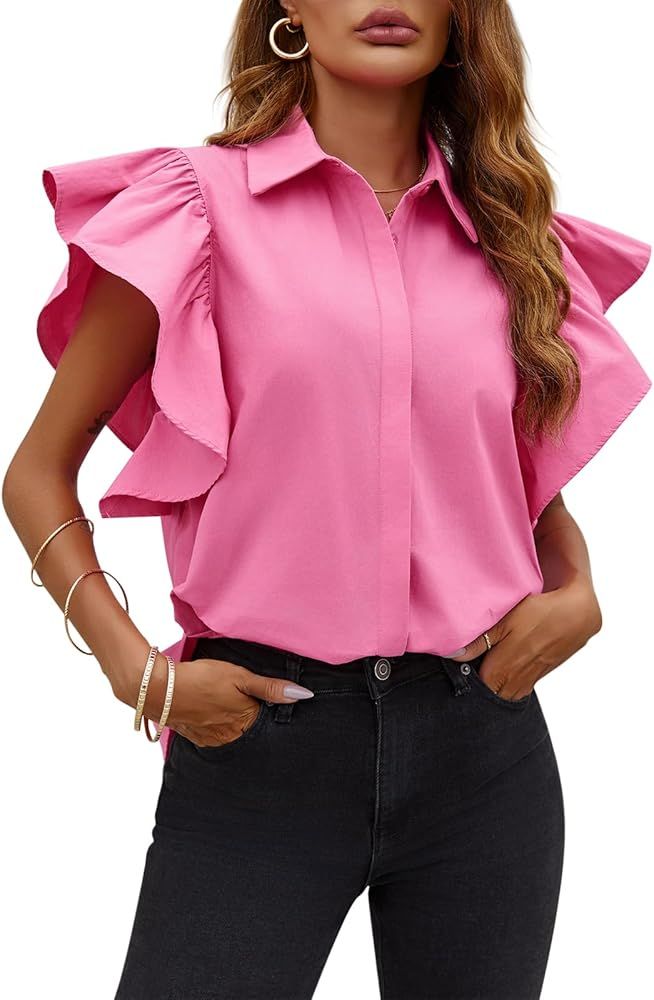Tankaneo Womens Ruffle Button Down Shirts Cute Summer Short Sleeve Tops Blouse | Amazon (US)