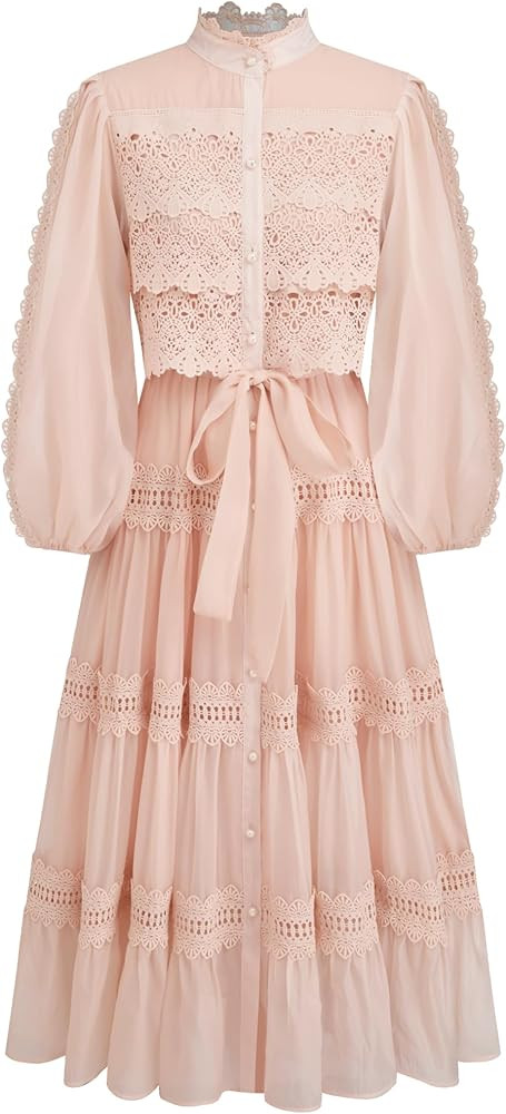 CIDER Maxi Dress Button Solid Turtle Neck Guipure Chiffon Long Sleeve Pearl Middle Waist Elegant ... | Amazon (US)