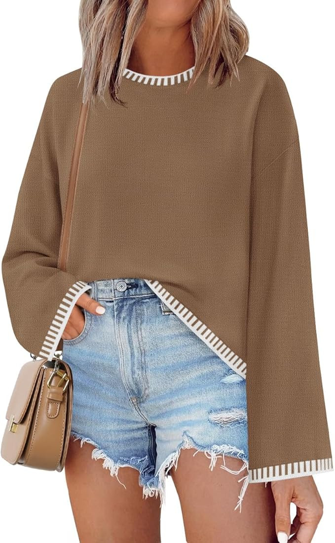 ZESICA Women's Oversized Long Sleeve Sweaters Fall Crewneck Color Block Loose Ribbed Knit Pullove... | Amazon (US)