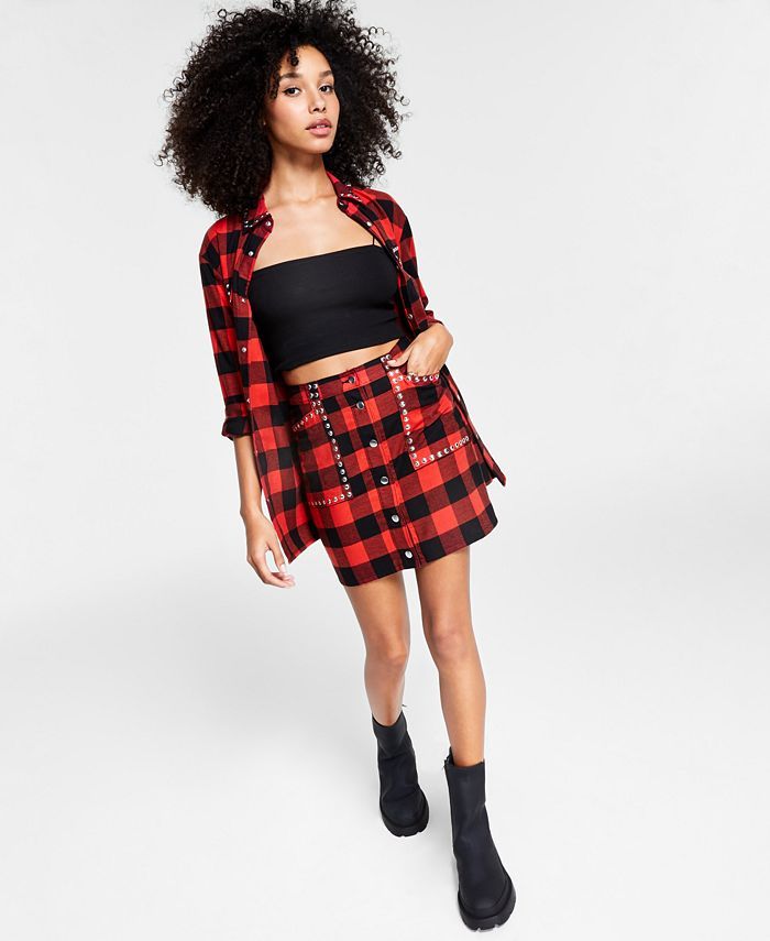Bar III Buffalo Plaid Studded Mini Skirt, Created for Macy's & Reviews - Skirts - Women - Macy's | Macys (US)