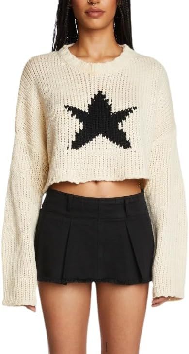 Y2k Star Print Crop Sweaters for Women Long Sleeve Hollow Out Pullovers Knitwear Fairy Grunge Acu... | Amazon (US)