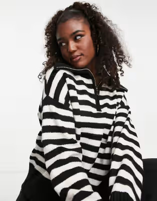 Bershka zip up collar detail oversized sweater in monochrome stripe | ASOS (Global)