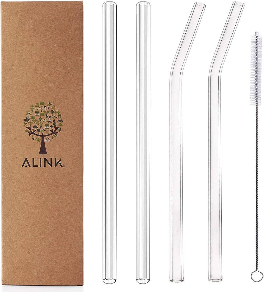 Alink Clear Glass Straws, 9 in X 10 mm Reusable Straight & Bent Smoothie Straws, Set of 4 with Cl... | Amazon (CA)
