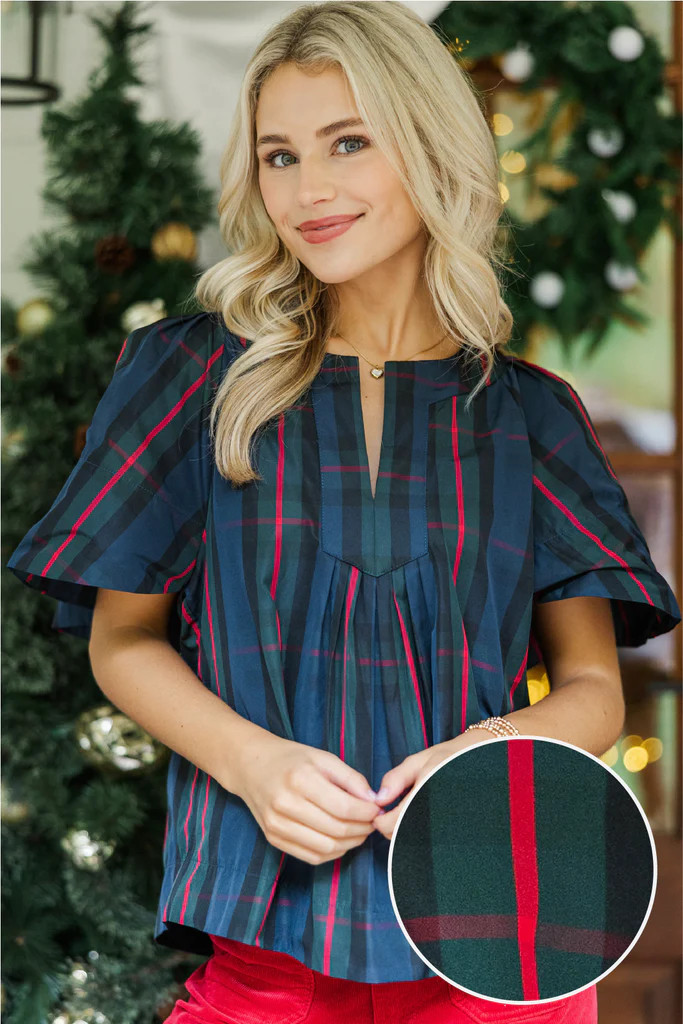 Just A Theory Navy Plaid Blouse | The Mint Julep Boutique