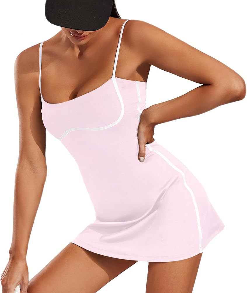 Womens Workout Tennis Dress with Built-in Bra & Shorts Pockets Sleeveless Exercise Golf Dresses | Amazon (US)