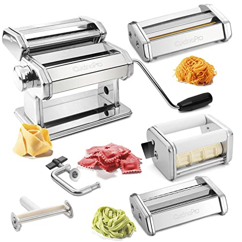 CucinaPro Pasta Maker Deluxe Set 5 pc Steel Machine w Spaghetti Fettuccini Roller Angel Hair Ravioli Noodle Lasagnette Cutter Attachments, Hand Crank & Clamp- For Holiday Italian Dinner Cooking | Amazon (US)