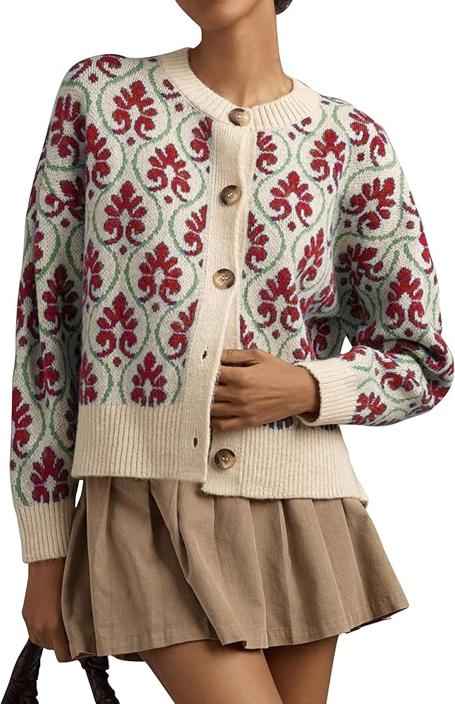 Floral Cardigan Sweaters for Women Lightweight Button Up Flower Printed Pattern Cardigans Fall Kn... | Amazon (US)
