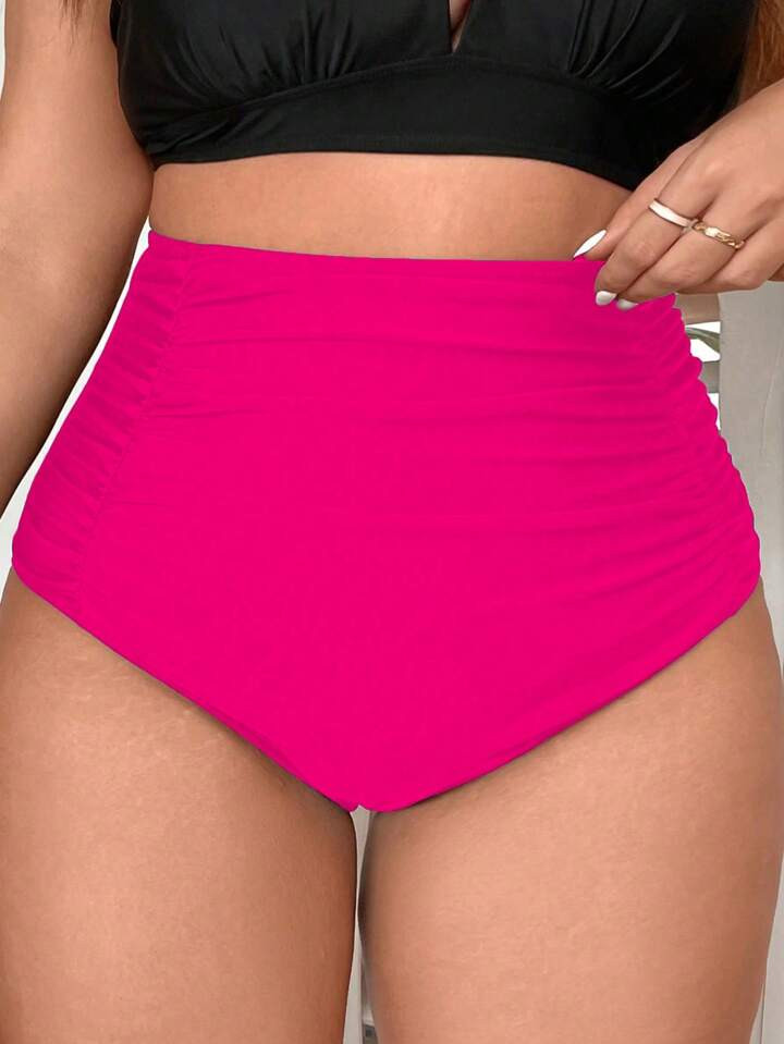 Swim Basics Plus Size Women Summer Beach Ultra-High Waist Ruched Tummy Control Swimwear Bottom | SHEIN