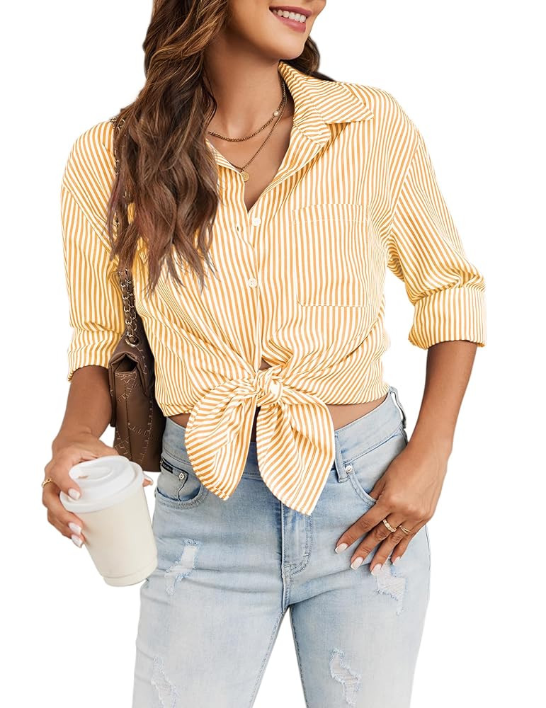 Womens Button Down Shirt Striped Lightweight Business Casual Tops Long Sleeve Work Blouses Tops w... | Amazon (US)
