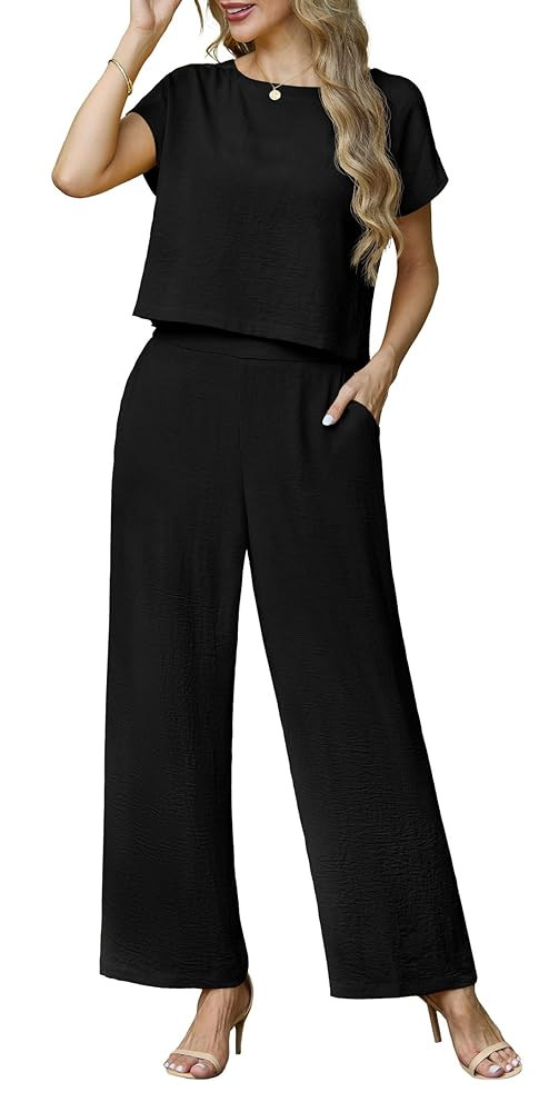 Lepunuo 2 Piece Sets for Women Summer Cap Sleeve Crop Top Wide Leg Pants Matching Lounge Set Vaca... | Amazon (US)