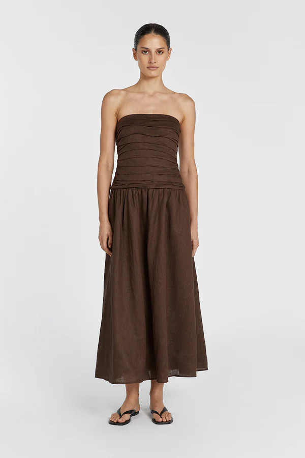 CATANIA BITTER CHOC LINEN STRAPLESS MIDI DRESS | DISSH
