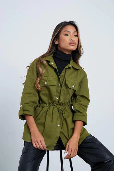 Olive Green Belted Utlity Shacket With Turn Up Cuff | ISAWITFIRST UK