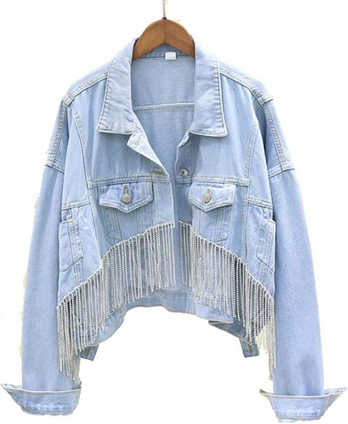 Fantastic baby Fashion Heavy Work Rhinestones Tassel Women Outerwear Loose Short Jeans Jackets Co... | Amazon (US)