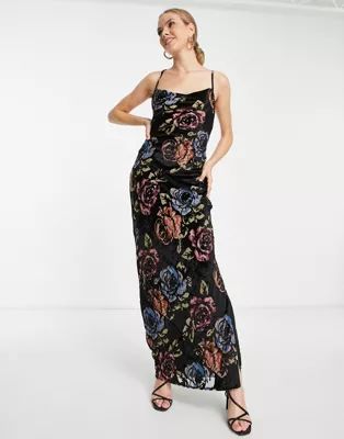 ASOS DESIGN velvet devore slip maxi dress with lace up back in rose floral | ASOS | ASOS (Global)