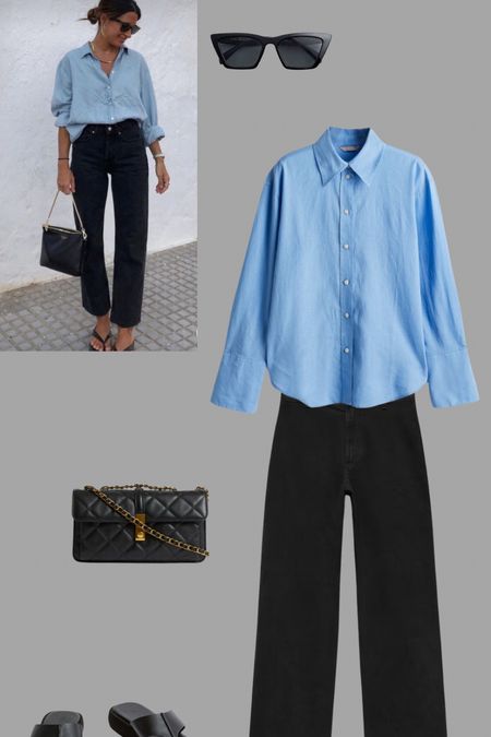 Easy summer styling with a simple blue shirt, black cropped jeans and strappy sandals
