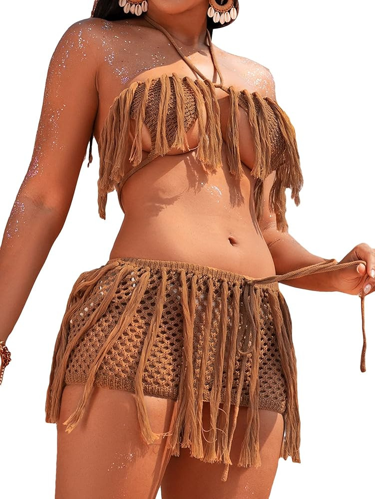 WDIRARA Women's 2 Piece Crochet Bathing Suit Cover Ups Fringe Hem Halter Cami Sexy Top and Skirt ... | Amazon (US)