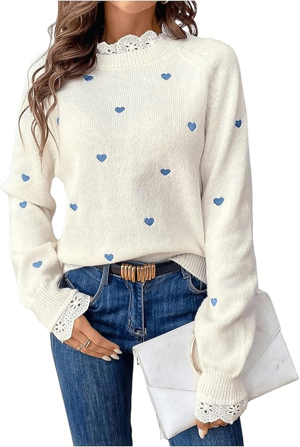 GORGLITTER Women's Heart Lace Valentine Patchwork Pullover Sweater Embellished Long Sleeve Cute K... | Amazon (US)