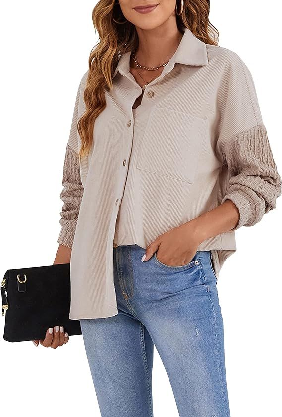 BMJL Womens Corduroy Shirt Fall Knit Long Sleeve Shacket Jacket Button Down Casual Shirt Tops | Amazon (US)