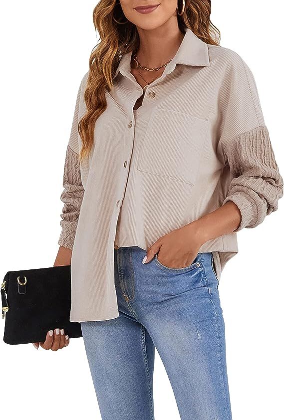 BMJL Womens Corduroy Shirt Fall Knit Long Sleeve Shacket Jacket Button Down Casual Shirt Tops | Amazon (US)