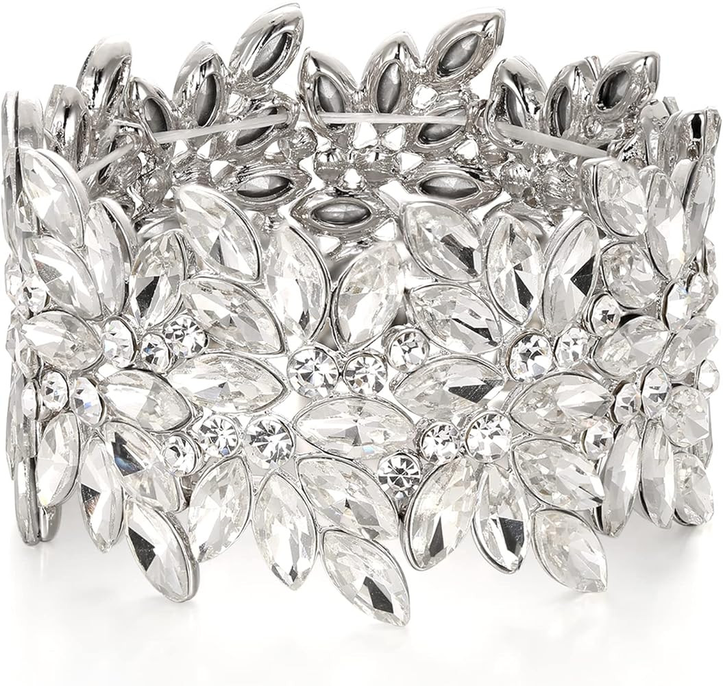 EVER FAITH Wedding Elastic Stretch Bracelet Art Deco Vintage Round Marquise-shaped Crystal Wrist ... | Amazon (US)