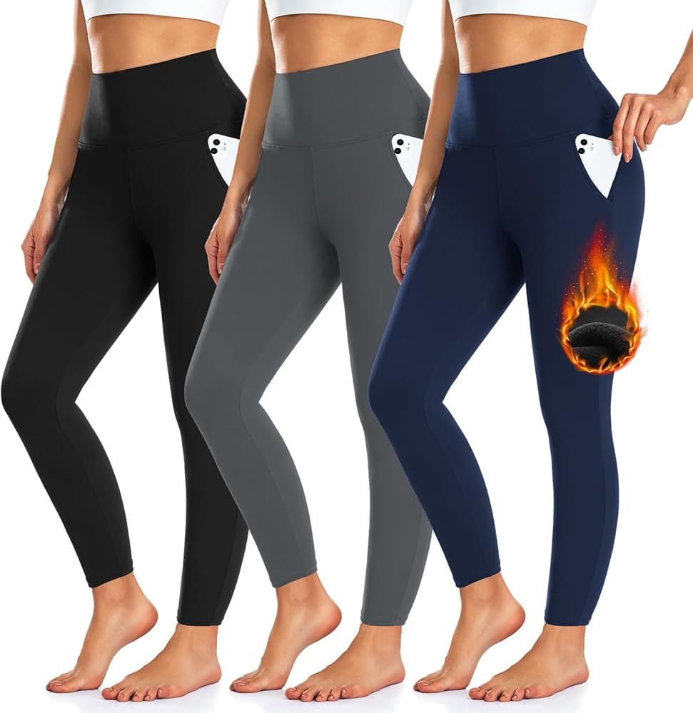 3 Pack Fleece Lined Leggings Women with Pockets -Warm Winter Yoga Pants for Women Thermal Running... | Amazon (US)