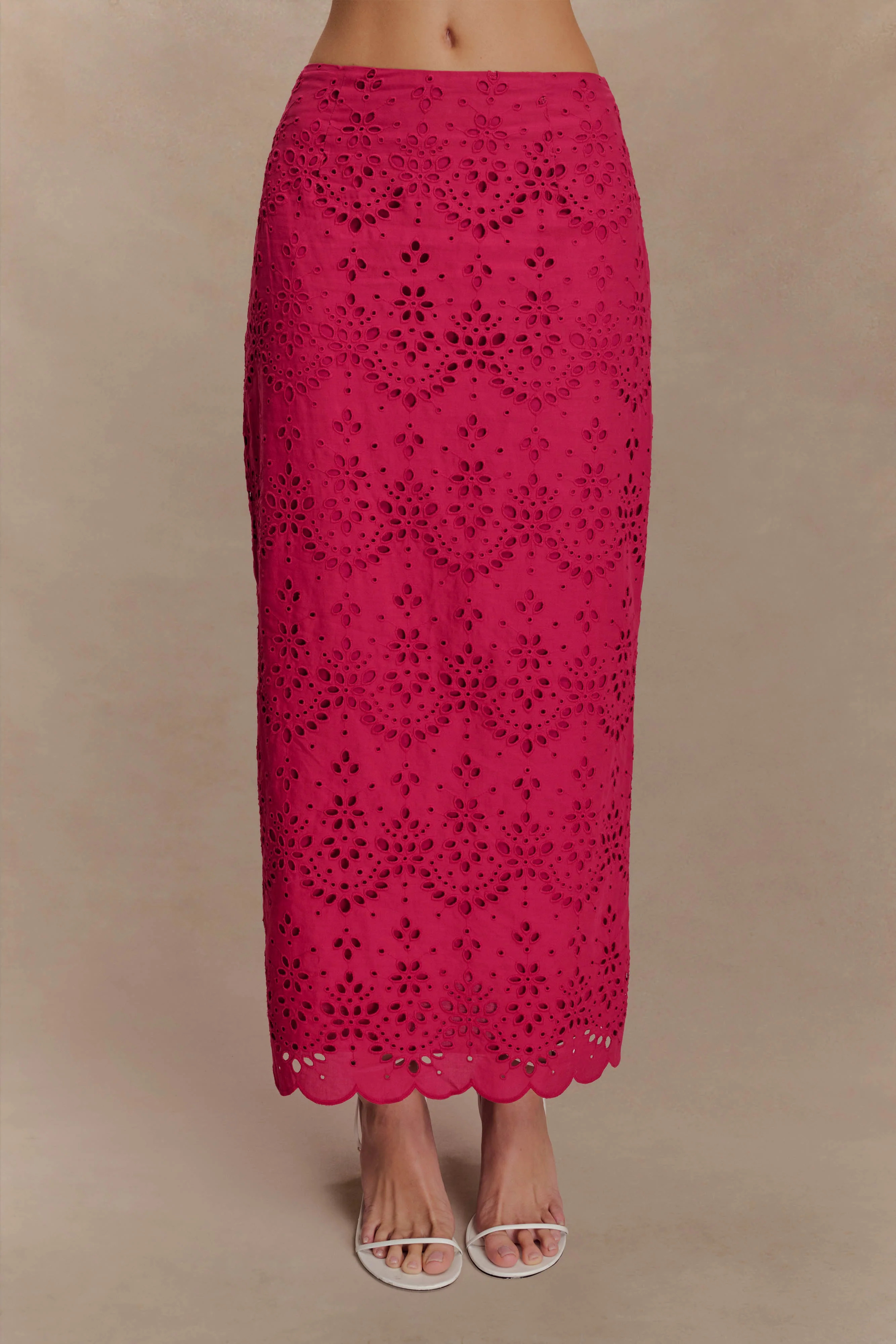 Kensley Broderie Midi Skirt - Dragonfruit | MESHKI US