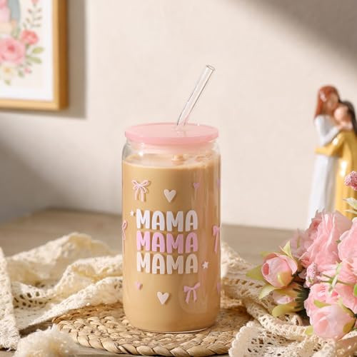 Xelewooz Gifts for Mom – 16oz Mama Glass Cup with Lid and Straw, Pink Bow Design, Cute and Aesthetic Drinkware for Iced Coffee, Birthday Gifts for Mother, Mothers Day Gifts | Amazon (US)