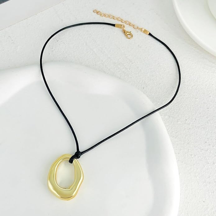 Black Cord Necklace with Gold Circle Pendant Chunky Leather Cord Necklace Large Round Pendant Sta... | Amazon (US)