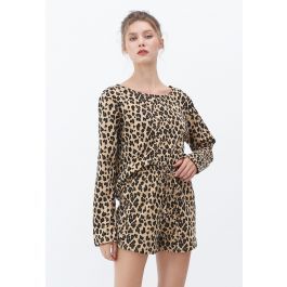 Leopard Print Long Sleeves Top and Drawstring Shorts Set | Chicwish