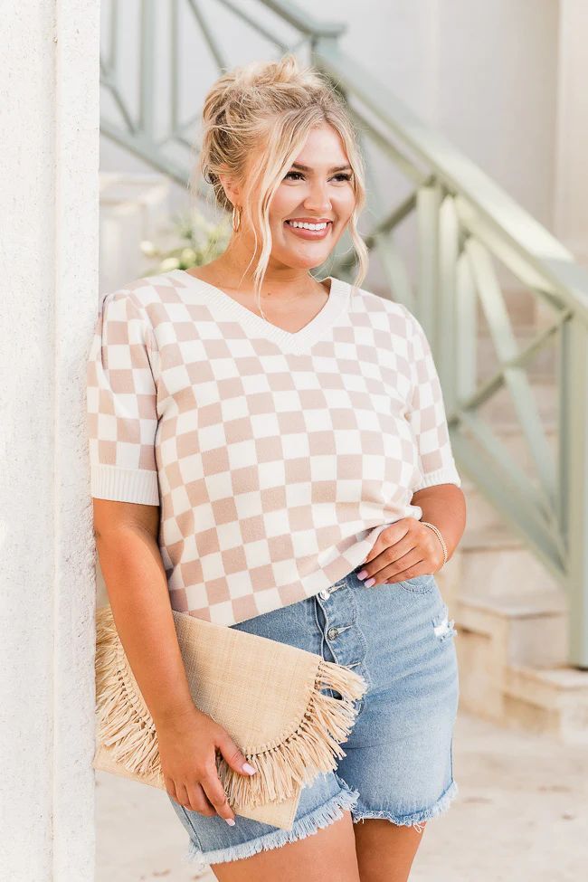 Checking You Out Beige Checkered Sweater | Pink Lily