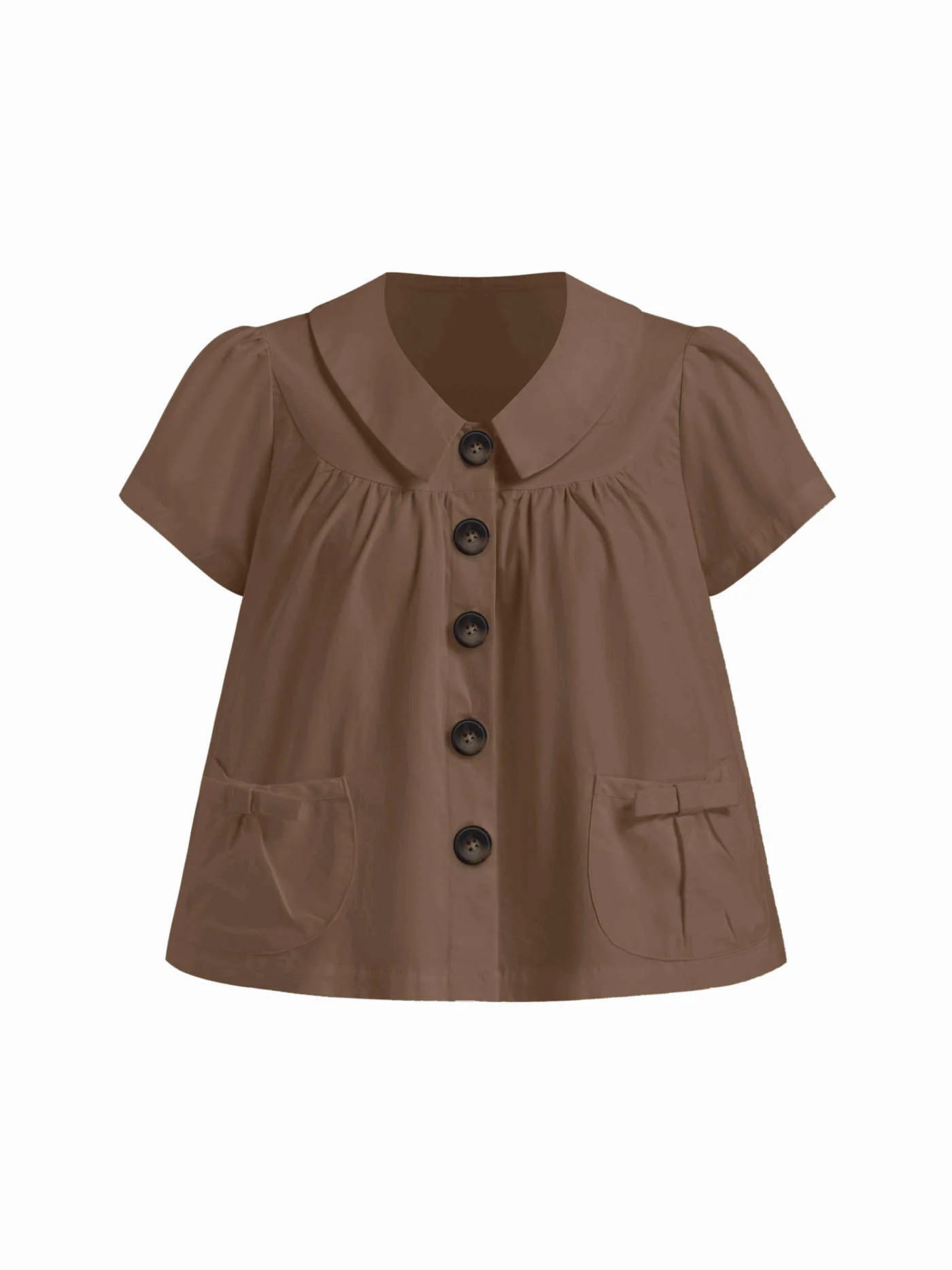 100% Cotton Peter Pan Collar Bowknot Pocket Button Oversized Blouse | Cider
