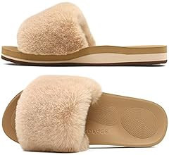COFACE Womens Slides Fuzzy Slippers Open Toe Fluff Slippers With Arch Support Plantar Fasciitis O... | Amazon (US)