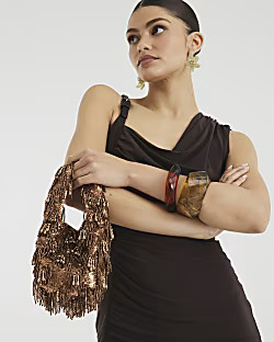 Brown Premium Beaded Grab Bag | River Island UK & IE
