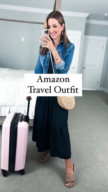 Amazon travel outfit. Amazon airport outfit. Elevated casual outfit. Amazon tiered maxi (XXS, adjustable straps). Amazon denim jacket (XS, soft/stretchy). Target braided sandals (TTS). Amazon luggage. Spring outfit. Casual outfit. 

#LTKshoecrush #LTKtravel #LTKunder50