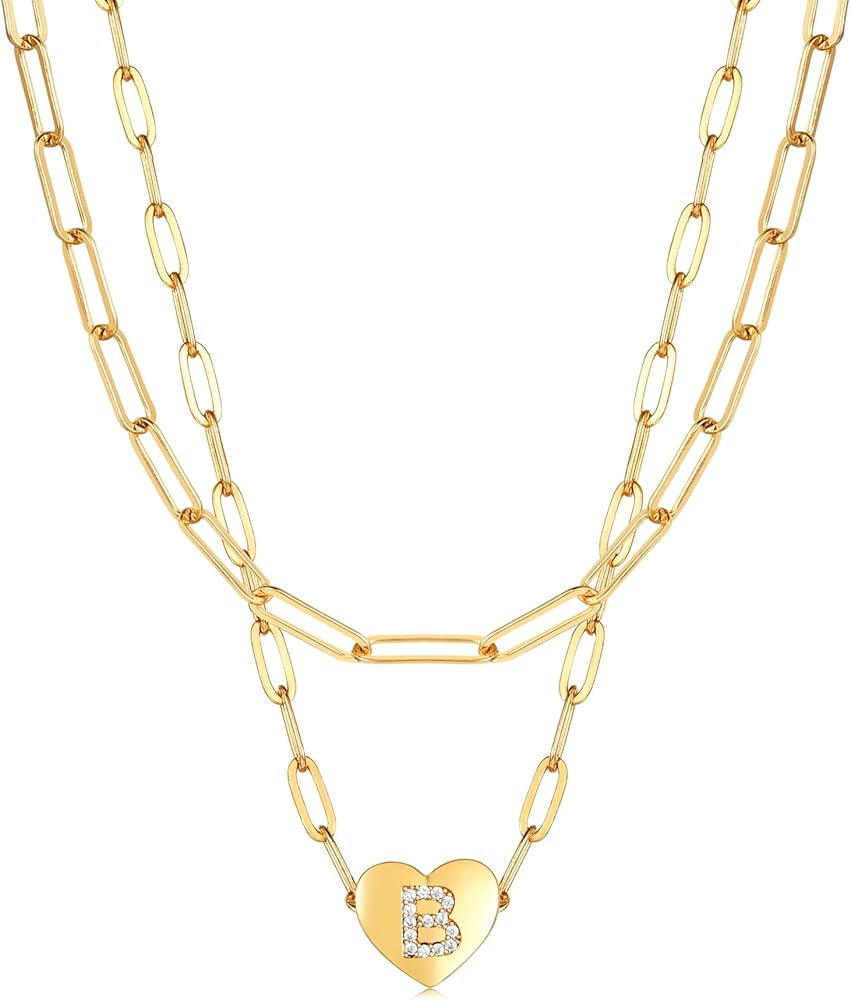 CHARLINLIOL 14K Gold Plated Dainty Layered Initial Necklaces for Women,Paperclip Chain Necklace S... | Amazon (US)