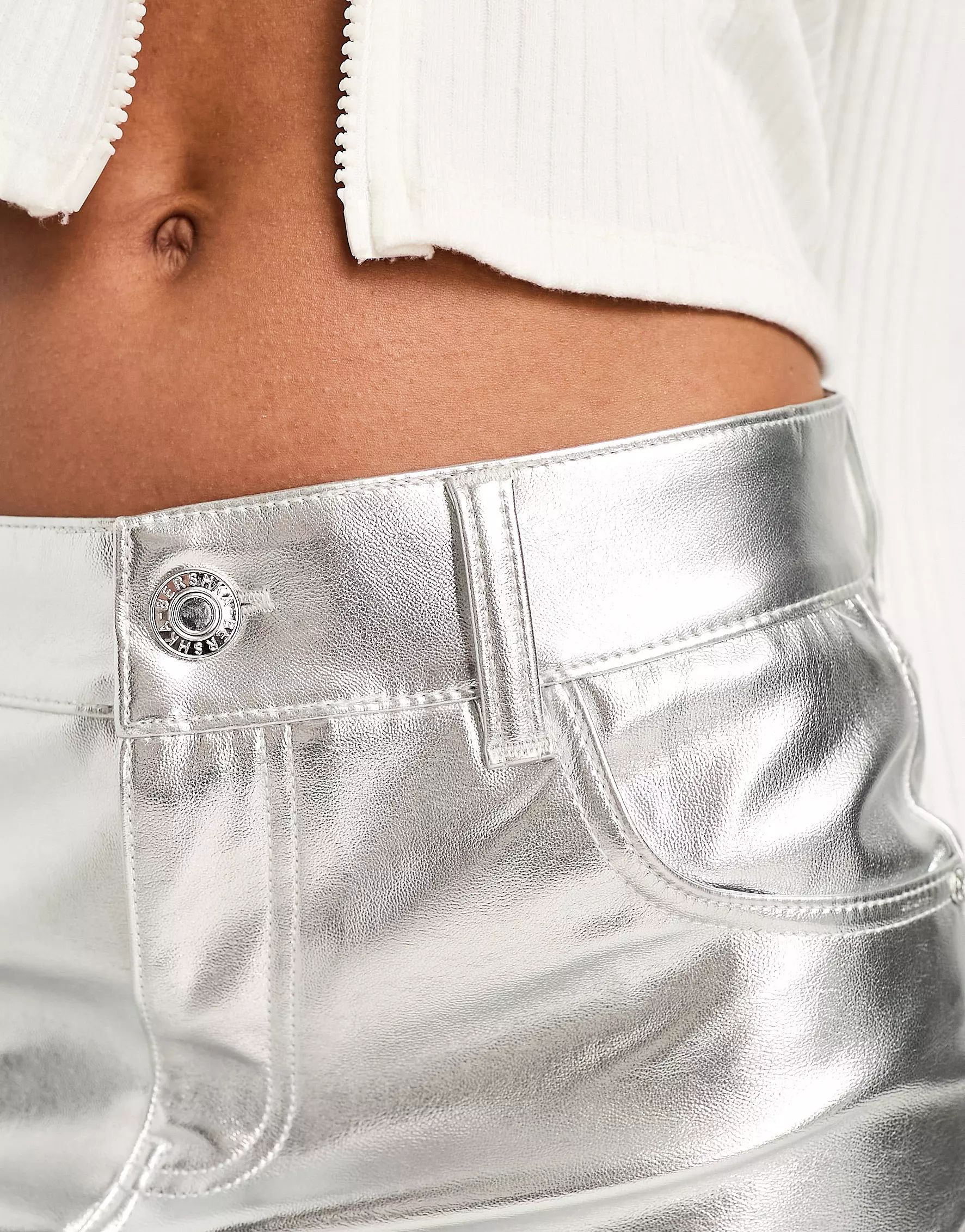 Bershka faux leather mini skirt in metallic silver | ASOS (Global)