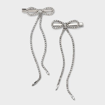 Girls' 2pk Rhinestone Chain Bow Clip Set - art class™ Silver | Target