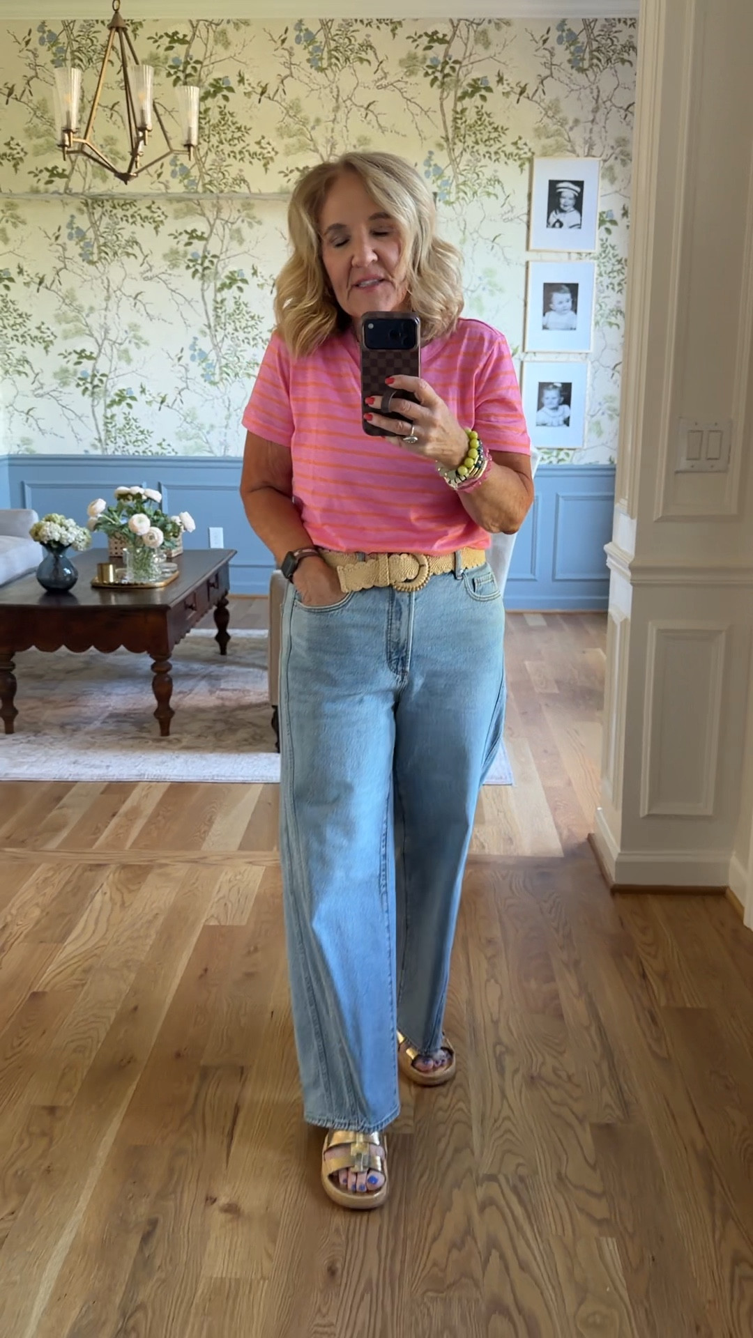 Loft denim these are a dropped Jean but in 5’3 me they’re full length. Wearing a 29 reg 
Tee size medium 
20% off my bracelets code NANETTE20
20% off my necklaces code TAKE20

Spring outfit pink tee twisted seam denim 

#LTKootd #LTKOver40 #LTKSaleAlert