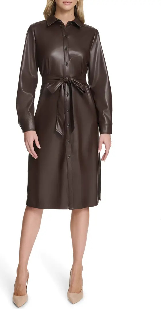 Calvin Klein Long Sleeve Faux Leather Shirtdress | Nordstromrack | Nordstrom Rack