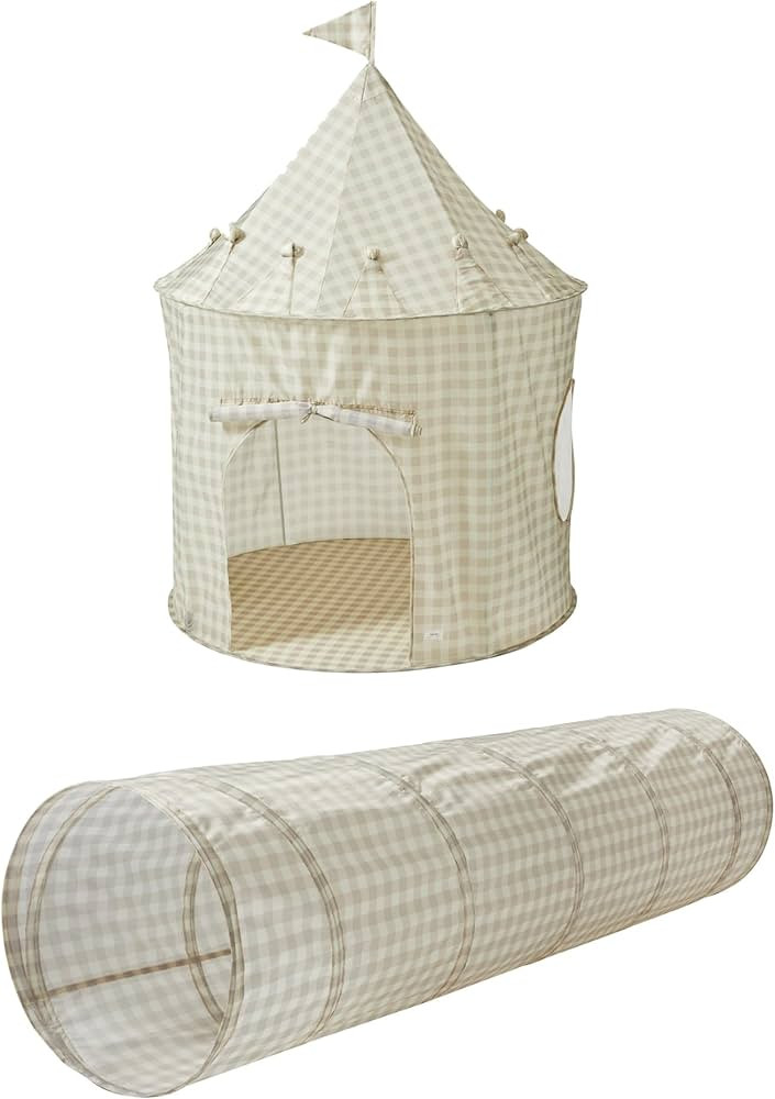 3 Sprouts Kids Play Tent & Tunnel with Eco-Friendly Recycled Fabric - Gingham Beige | Amazon (US)