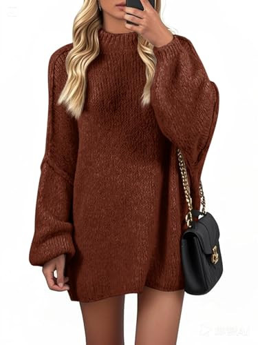 Wenrine Womens Oversized Sweater Dress Cozy Puff Long Sleeve Fall Chunky Knit Loose Tunics Pullover Tops Coffee | Amazon (US)