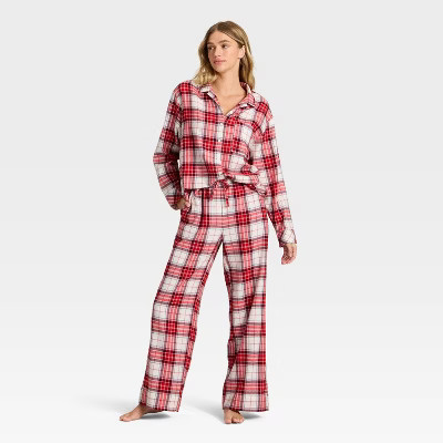 Women's Flannel Long Sleeve Button Down Shirt and Pants Pajama Set - Auden™ Cream/Red Plaid XS | Target