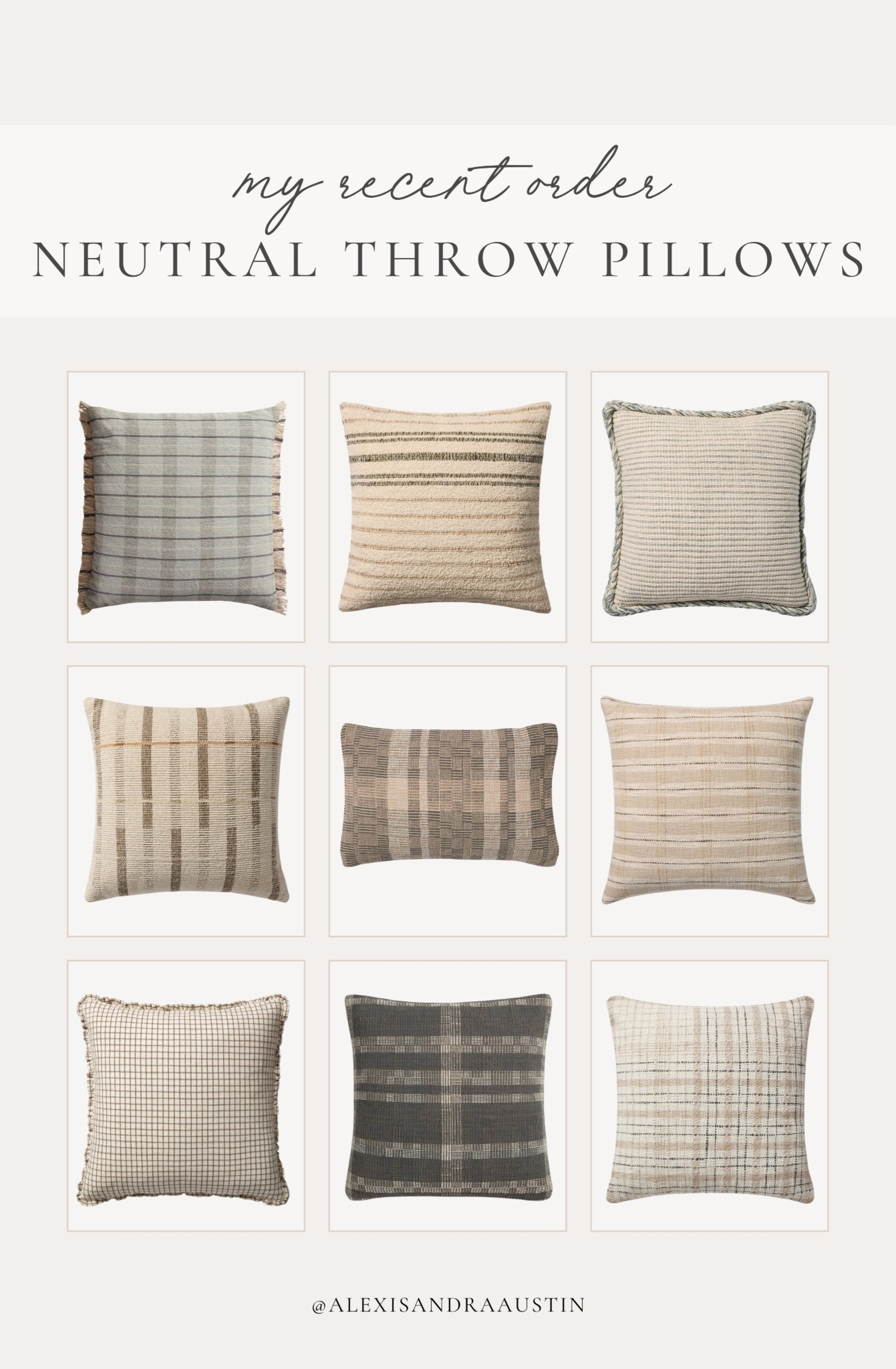 My recent throw pillow order! Rounding up all of the inspo for the new year that will transition well between each season. Leaning into neutral tones with a mix of patterns to create a cohesive look in my home.

Home finds, neutral home inspo, throw pillow cover, new year refresh, neutral tones, collected style, throw pillow inspo, early spring refresh, Loloi, Chris Loves Julia, cozy throw pillow, Wayfair, Birch Lane, neutral sofa styling, accent pillow, neutral collected style, shop the look!

#LTKSeasonal #LTKFindsUnder100 #LTKHome