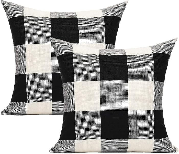 VAKADO Outdoor Plaid Throw Pillow Covers 18x18 Set of 2, Black & White | Amazon (US)