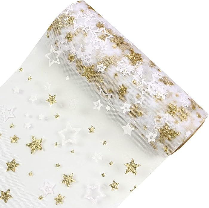 Gold Star Glitter Tulle Rolls 6 inch x 10 Yards (30 feet) White Color for Table Runner Chair Sash... | Amazon (US)